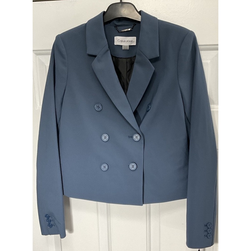 Calvin Klein Blue Cropped Double-Breasted Jacket Women'S Size 8 Brand New